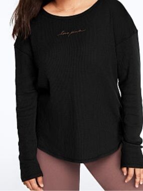 Victoria's Secret PINK Women’s Long Sleeve Black Crew Neck Waffle Top Sz Med